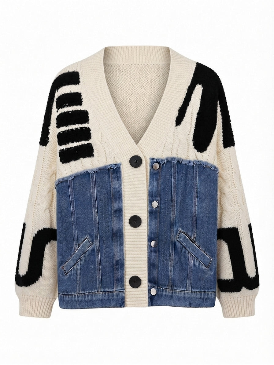 Unique Denim Patchwork Knit Cardigan