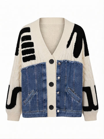 Unique Denim Patchwork Knit Cardigan