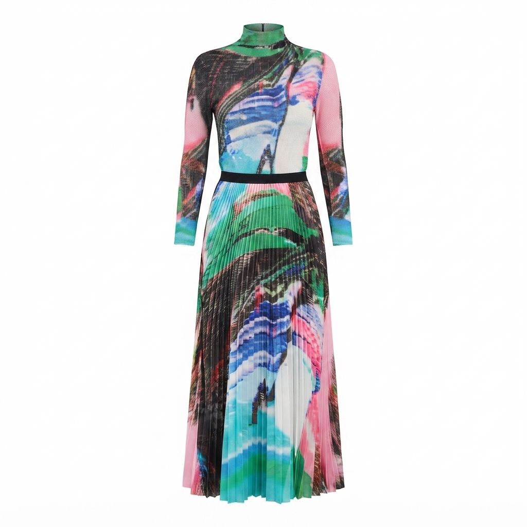 Vibrant Printed Pleated Two-Piece Set