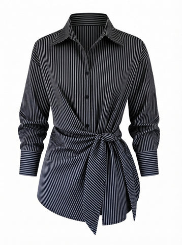 Confident Striped Tie-Waist Blouse