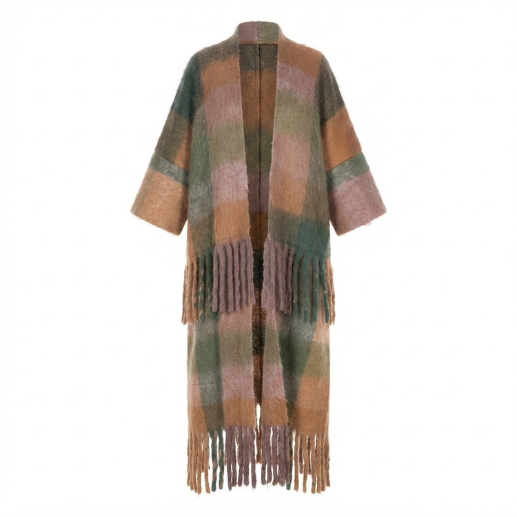 Vibrant Plaid Tassel Long Coat