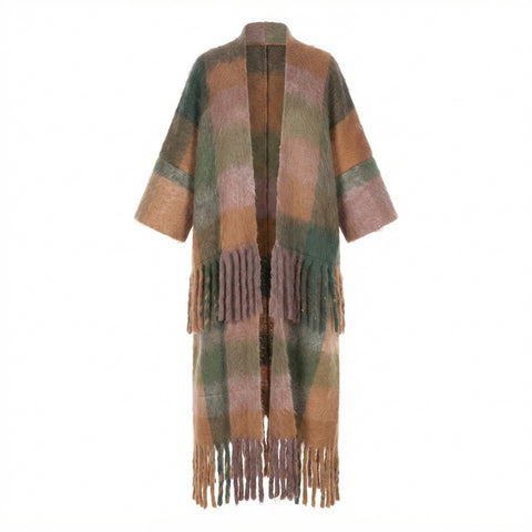 Vibrant Plaid Tassel Long Coat