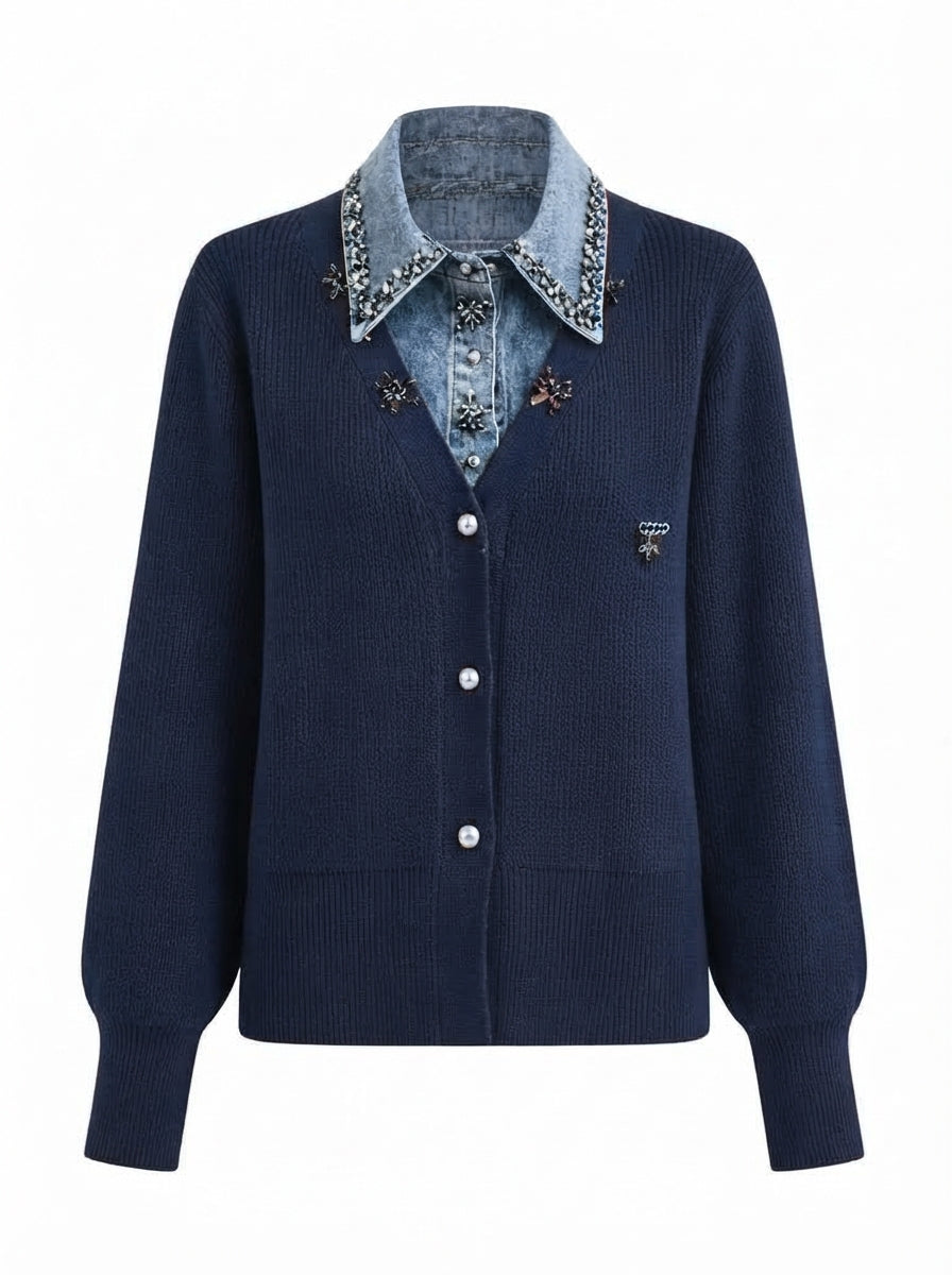 Radiant Rhinestone Denim Patchwork Cardigan