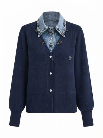 Radiant Rhinestone Denim Patchwork Cardigan