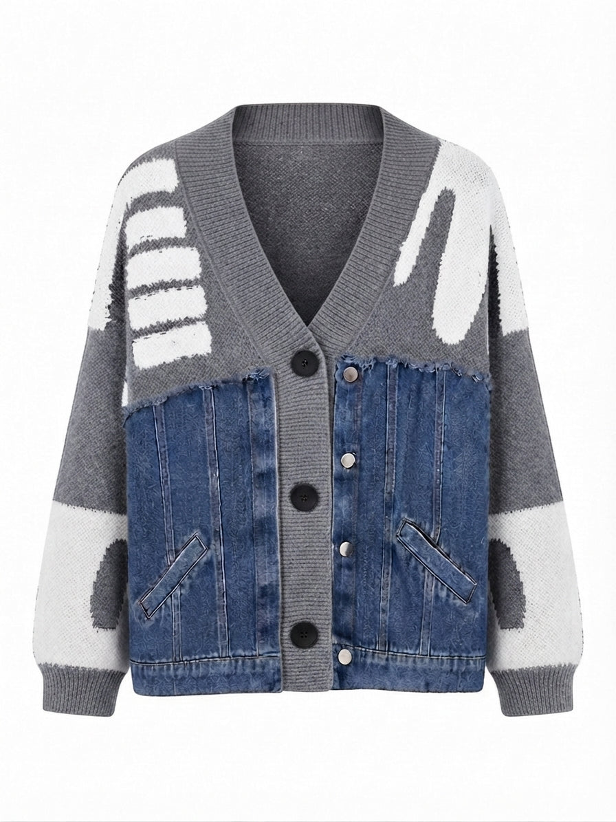 Unique Denim Patchwork Knit Cardigan
