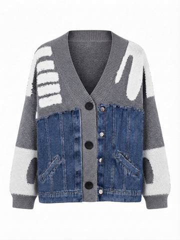 Unique Denim Patchwork Knit Cardigan