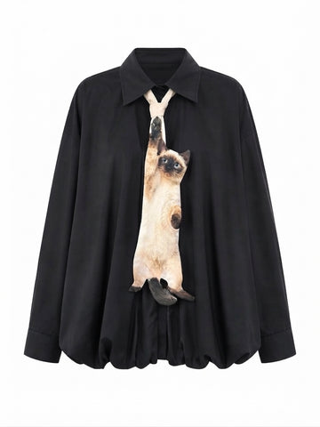 Unique Cat Tie Striped Blouse