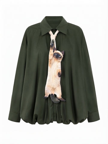 Unique Cat Tie Striped Blouse