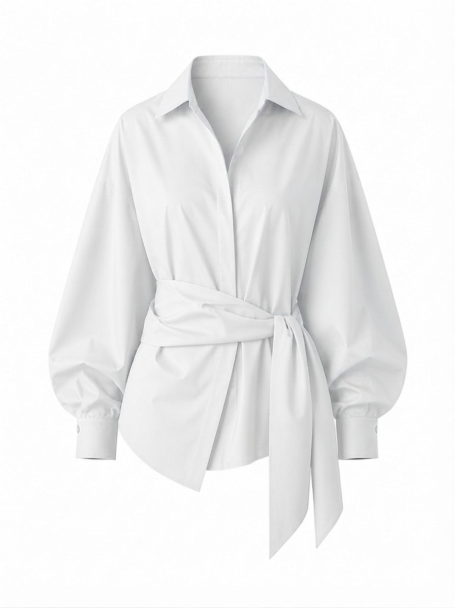 Elegant Oversized Tie-Belt Blouse