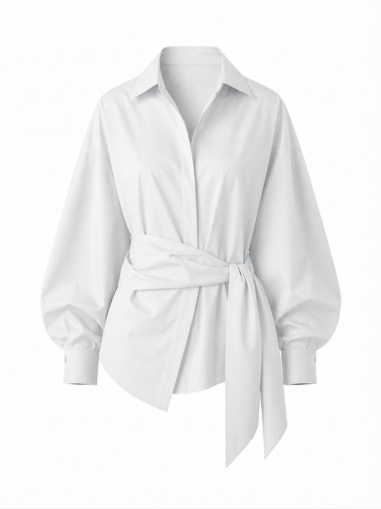 Elegant Oversized Tie-Belt Blouse