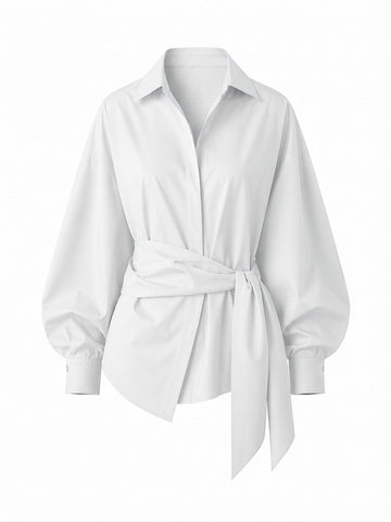 Elegant Oversized Tie-Belt Blouse