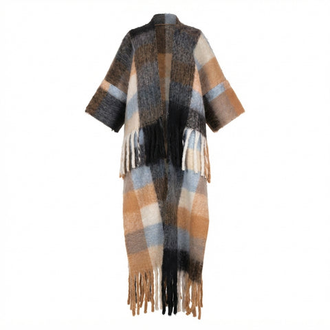 Vibrant Plaid Tassel Long Coat