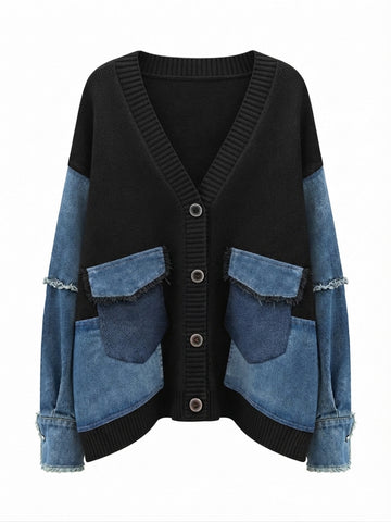 Unique Patchwork Knit Denim Cardigan