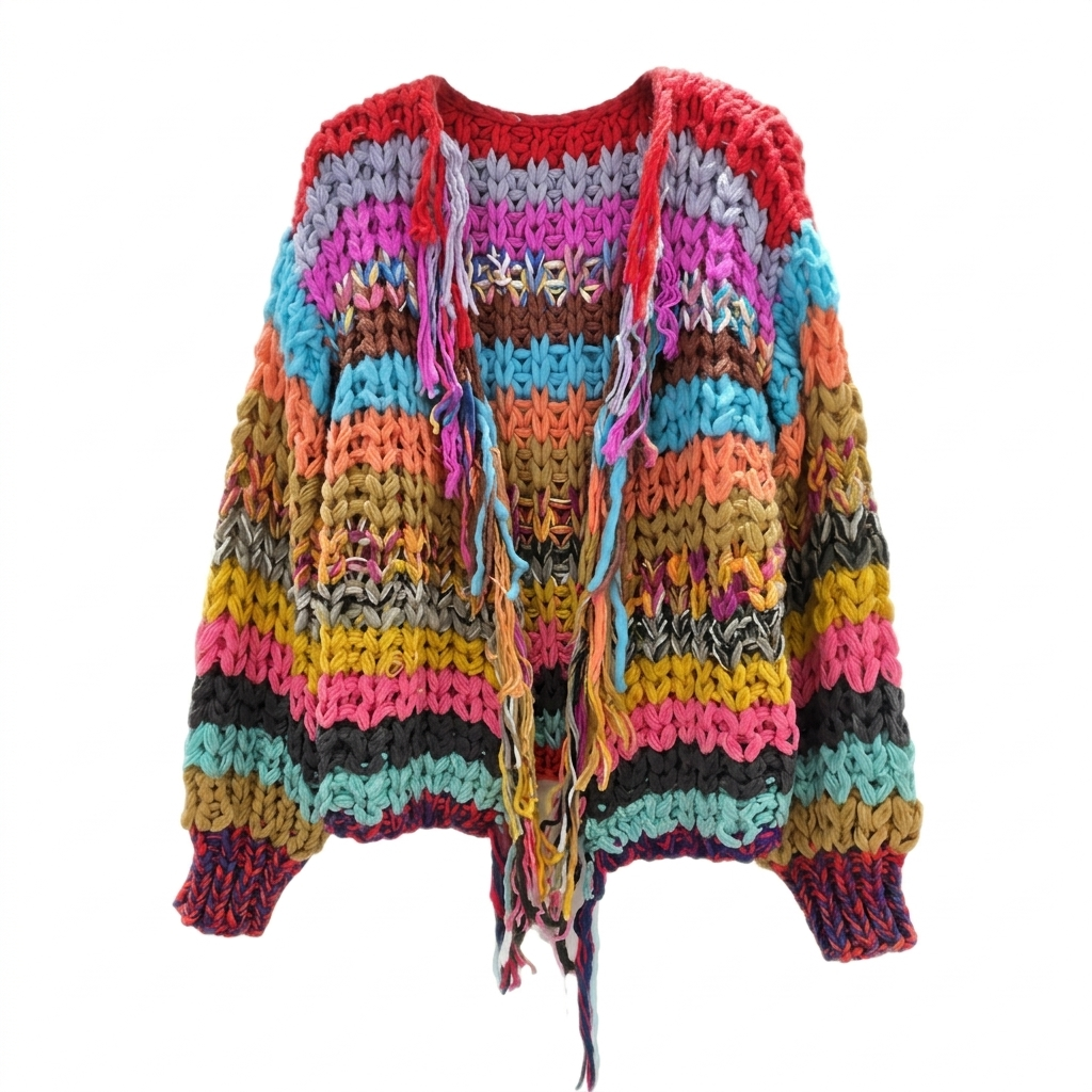 Vibrant Striped Tassel Cardigan