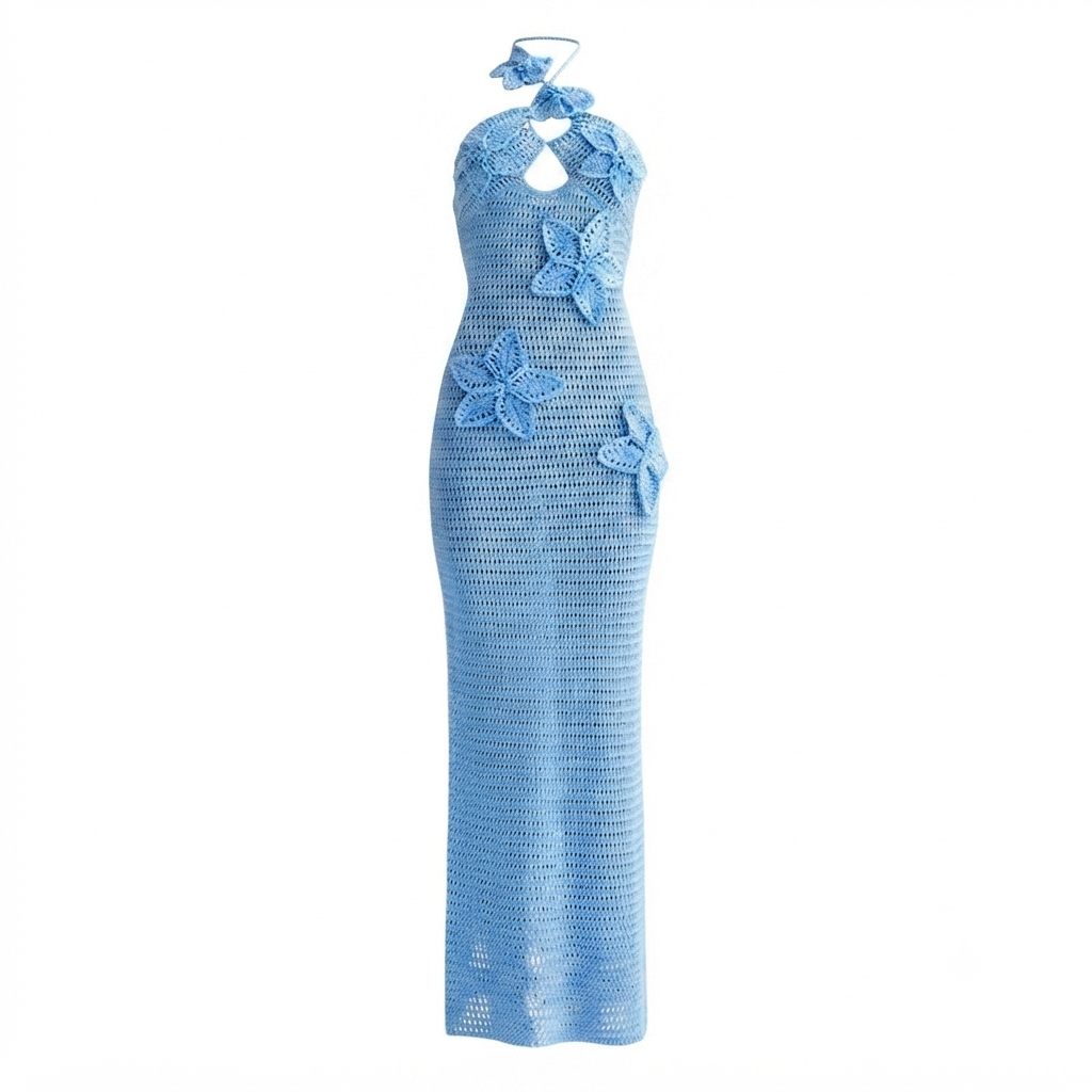Vibrant Crochet Floral Halter Maxi Dress