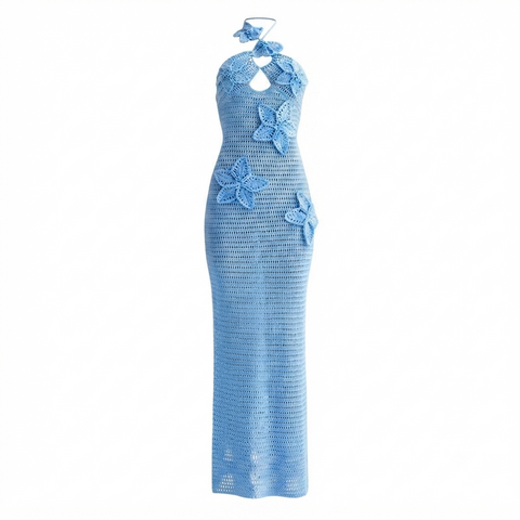 Vibrant Crochet Floral Halter Maxi Dress