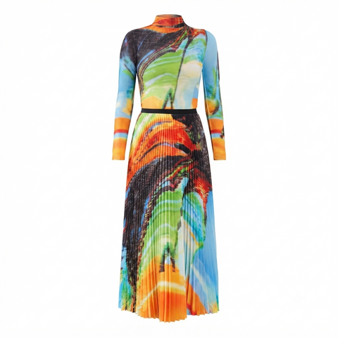 Vibrant Printed Pleated Two-Piece Set