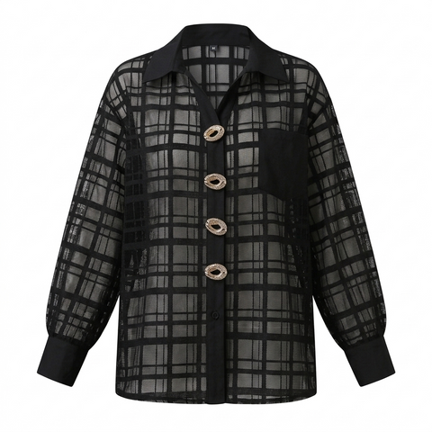 Bold Mesh Plaid Blouse