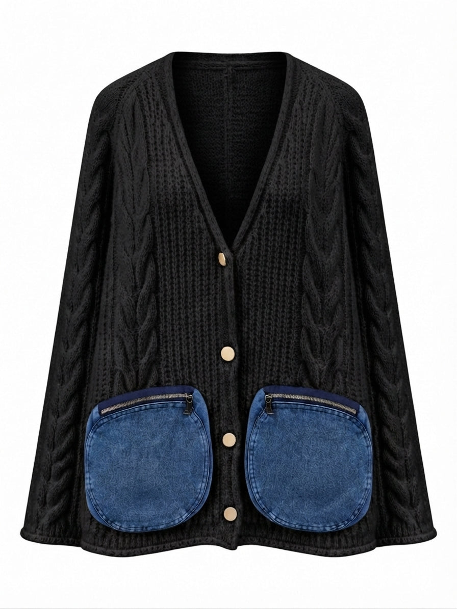 Unique Denim Pocket Knit Cardigan