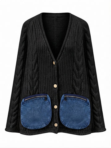 Unique Denim Pocket Knit Cardigan
