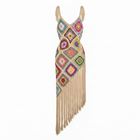 Vibrant Crochet Tassel Maxi Dress