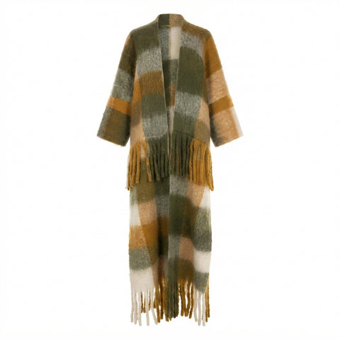 Vibrant Plaid Tassel Long Coat