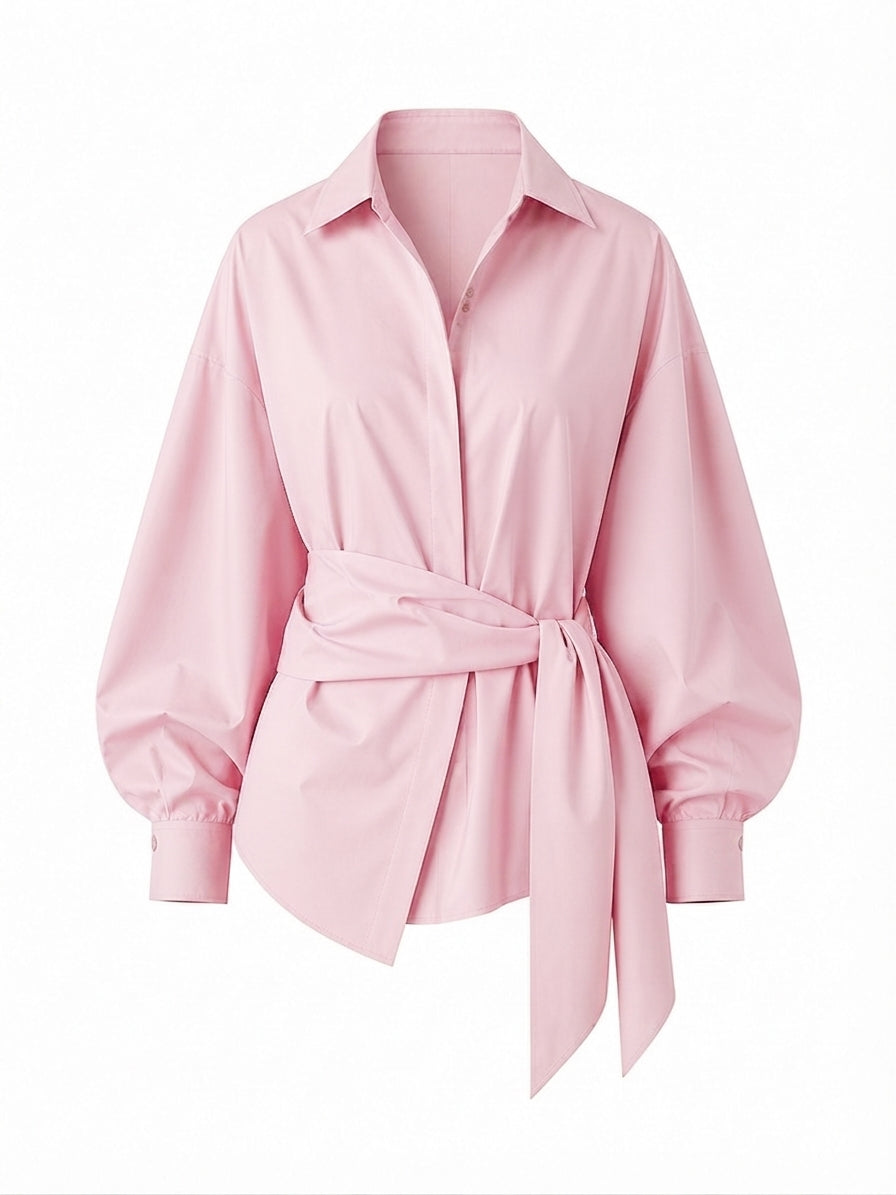 Elegant Oversized Tie-Belt Blouse