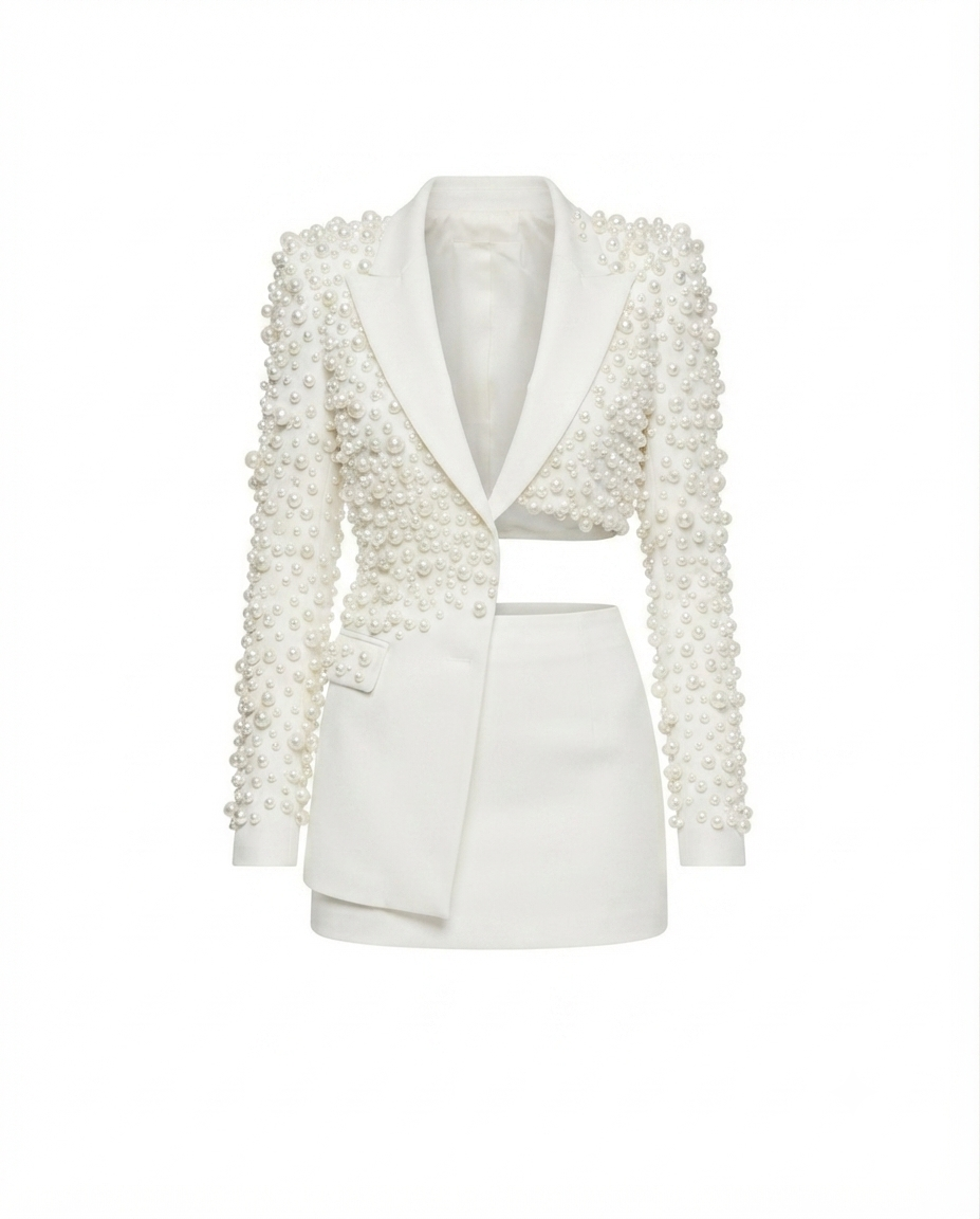 Radiant Pearl Beaded Mini Skirt Set