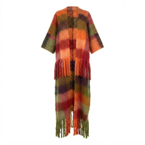 Vibrant Plaid Tassel Long Coat