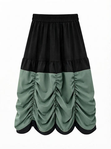 Grounded Ruched Two-Tone Midi Skirt