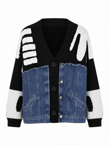 Unique Denim Patchwork Knit Cardigan