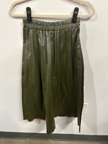 Olive Faux-Leather Pleated Skirt