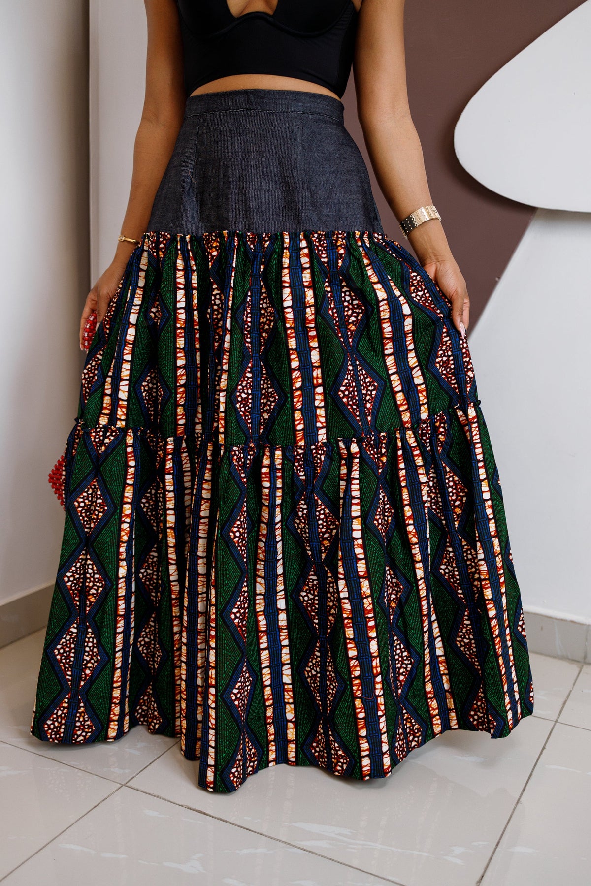 Adventurous Ankara Denim Maxi Skirt