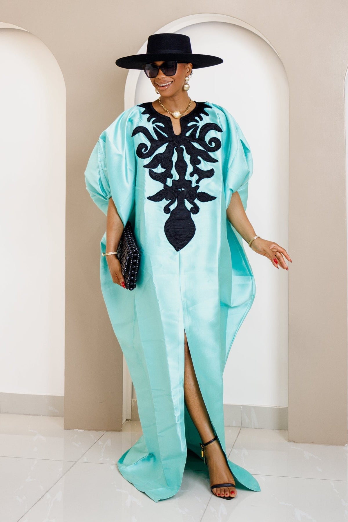 Divine Embroidered Satin Kaftan Maxi Dress