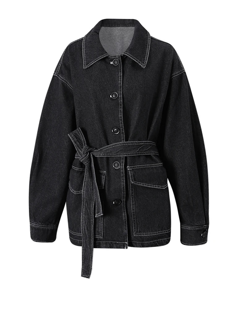 Confident Black Belted Denim Jacket