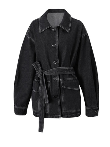 Confident Black Belted Denim Jacket