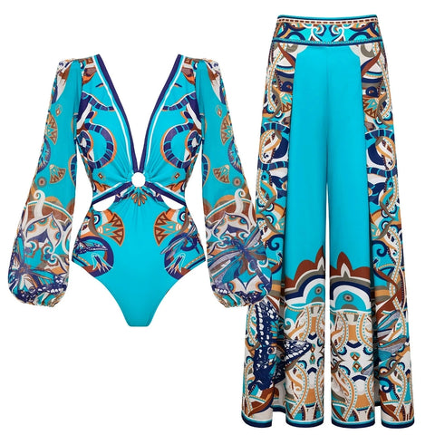 Vibrant Patterned Long Sleeve Bikini Set