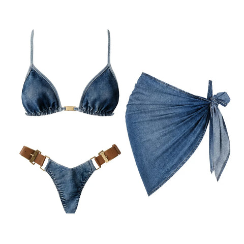 Audacious Denim Strappy Bikini Set
