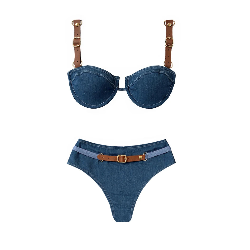 Audacious Denim Strappy Bikini Set
