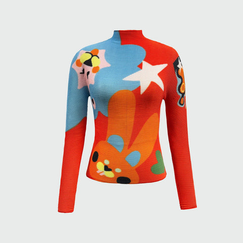 Vibrant Printed Pleated Longsleeve Top