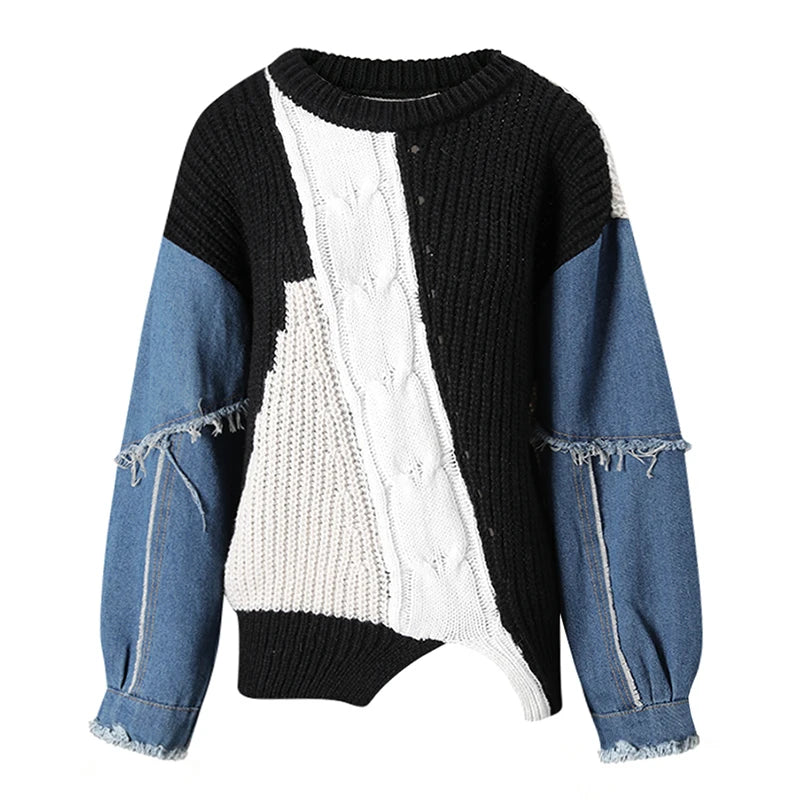 Audacious Denim Knit Patchwork Sweatshirt