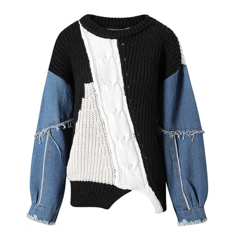 Audacious Denim Knit Patchwork Sweatshirt