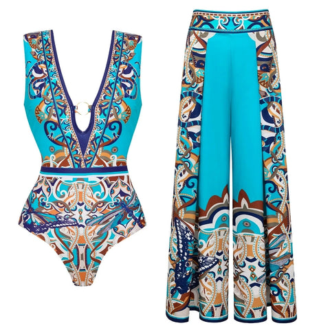 Vibrant Patterned Long Sleeve Bikini Set