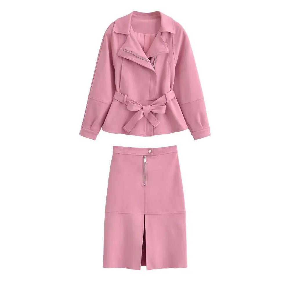 Elegant Suede Belted Skirt Set