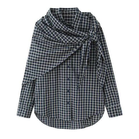 Unique Plaid Irregular Bow Blouse