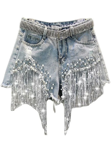 Radiant Beaded Tassel Denim Shorts
