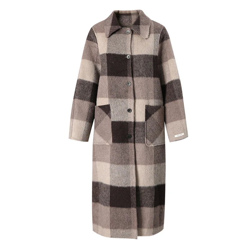 Grounded Plaid Wool Long Coat