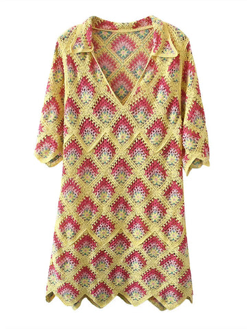 Vibrant Crochet Plaid Mini Dress
