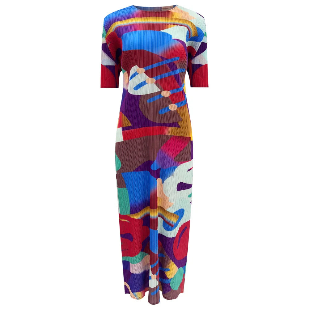 Vibrant Abstract Pleated Midi Dress