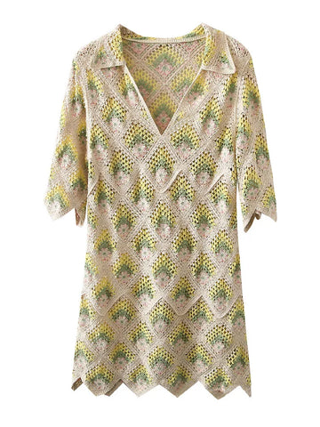 Vibrant Crochet Plaid Mini Dress